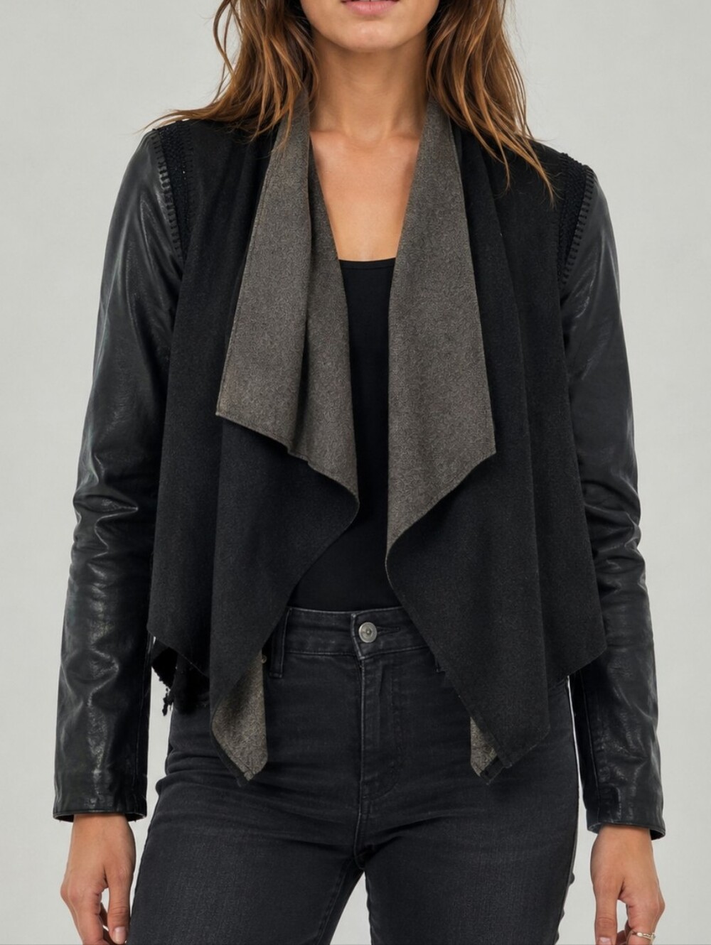 Stella & Jamie Rio Draped Leather Sleeve Cropped Jacket